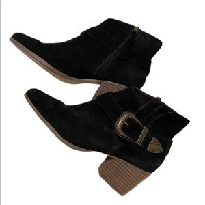 Black ankle booties with western buckle detail